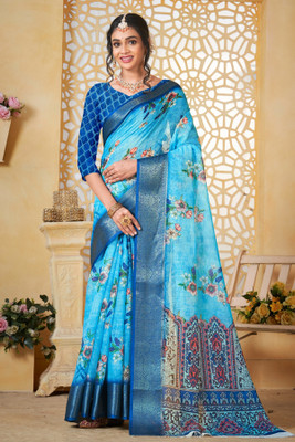 Yogik Creation Floral Print Banarasi Linen Saree(Blue)