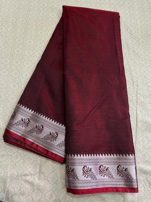 Montauk Fabians Solid/Plain, Woven, Temple Border Banarasi Pure Silk, Silk Blend Saree(Maroon)