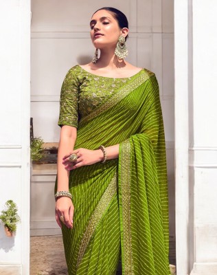 NIRMOHIFASHION Striped, Embellished Bandhani Georgette Saree(Green, Gold)