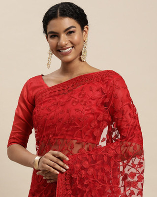 SILK SAREE HUB Embroidered Bollywood Net Saree(Red)