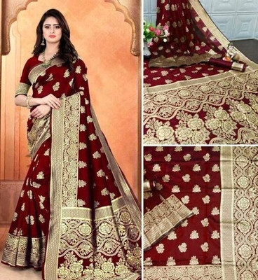 Fashion Files Woven Banarasi Jacquard Saree(Maroon)