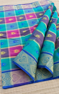 Ganesh plastic and industry Printed, Checkered, Self Design Tant Pure Cotton Saree(Blue, Pink)