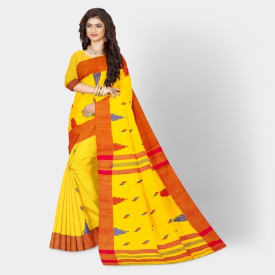 Mayabi Woven, Temple Border Tant Handloom Pure Cotton Saree(Yellow)