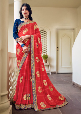 Laxmipati sarees Embroidered Saree with Attached Blouse Chiffon Saree(Red)