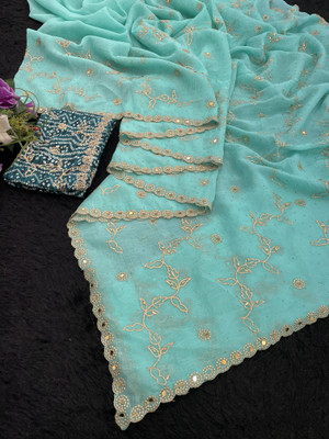 CHAMUNDA CREATION Embroidered Bollywood Chiffon Saree(Mustard)