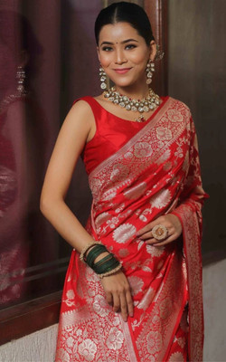 Ruchika Sarees Woven, Floral Print, Self Design Banarasi Handloom Cotton Silk Saree(Red)