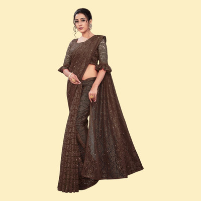 nexxxa Self Design Bollywood Net Saree(Brown)