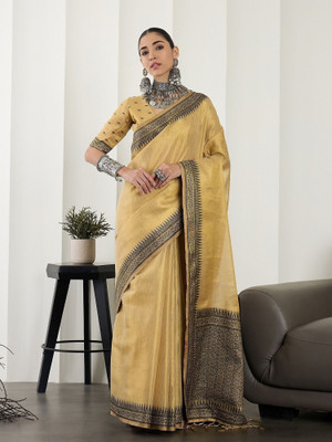 Vichitra Woven, Self Design Banarasi Tissue, Silk Blend Saree(Beige)