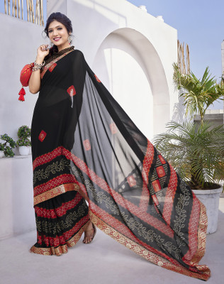 YASHIKA Printed Daily Wear Georgette, Lace Saree(Black)