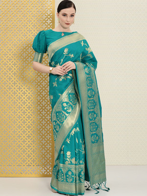 House of Pataudi Woven Banarasi Silk Blend Saree(Green)
