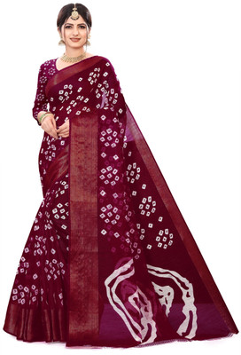HouseOfCommon Printed Bandhani Cotton Blend Saree(Purple)