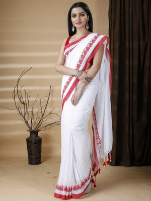 GhoshEthnic Self Design Daily Wear Handloom Cotton Blend Saree(White)