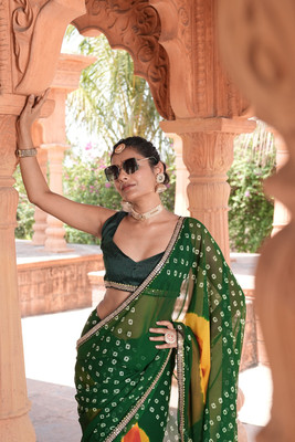 Ringtonfashion Digital Print Bandhani Georgette Saree(Green)