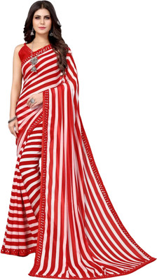 TTH Striped Bollywood Georgette Saree(Red, White)