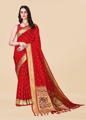 Upalksh Woven Banarasi Cotton Silk, Jacquard Saree(Red)