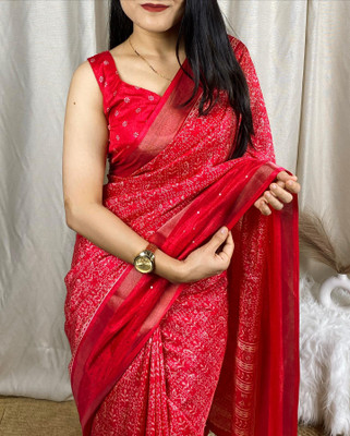 Sonika Fashions Printed Kalamkari Cotton Silk Saree(Red)
