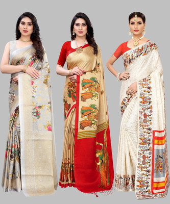 Nirvaan Printed, Paisley, Floral Print Bollywood Art Silk Saree(Pack of 3, Grey)