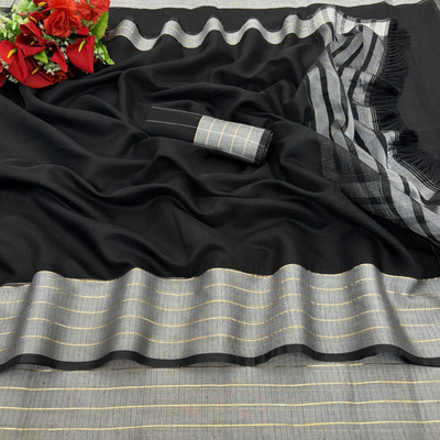 PIYA DESIGNER Woven Kasavu Linen Saree(Black)