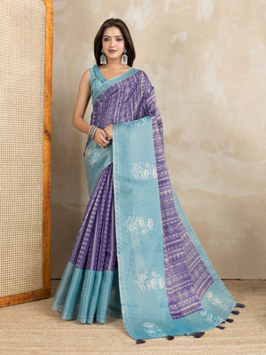 Laxmi Fashion Printed, Floral Print Assam Silk Jacquard, Cotton Silk Saree(Light Blue, Purple)