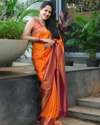 Hetasvi fashion Embellished, Self Design, Woven Banarasi Cotton Silk Saree(Orange)