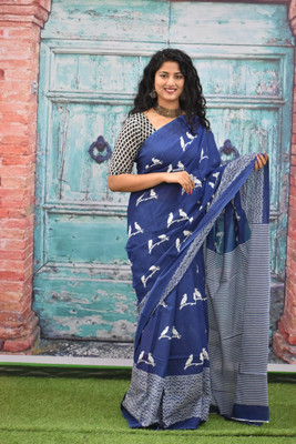 Kiaaron Printed Daily Wear Pure Cotton Saree(Blue)