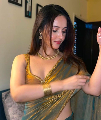 RUKHA FAB Solid/Plain Bollywood Jimmy choo Saree(Mustard)