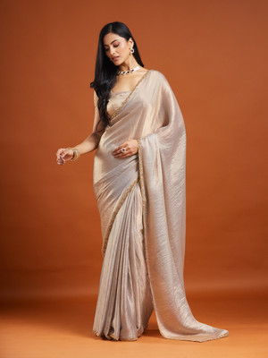 Gyavali Solid/Plain Bollywood Silk Blend, Organza Saree(Beige)