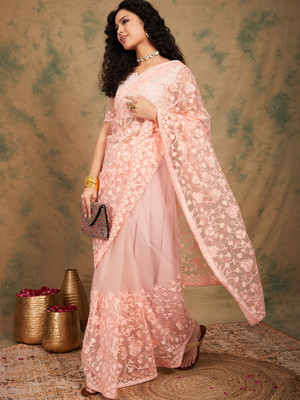Divastri Embroidered Chanderi Net Saree(Pink)