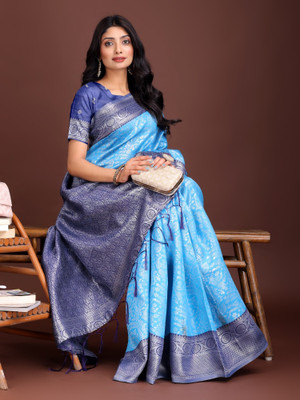 Tasrika Woven Kanjivaram Cotton Silk Saree(Blue)