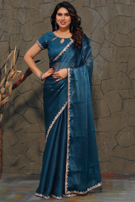 sunrise texpo Self Design, Embroidered Bollywood Net Saree(Blue)