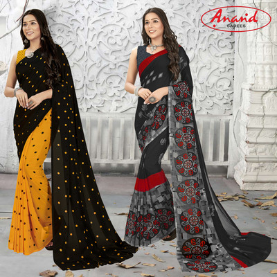 Anand Sarees Printed Daily Wear Georgette Saree(Pack of 2, Yellow, Black, Multicolor)