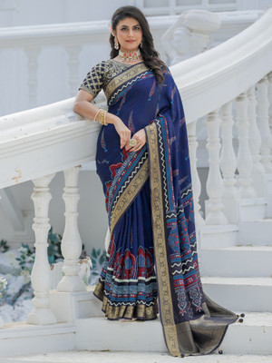 Sareemall Printed Chinnalapattu Viscose Rayon Saree(Dark Blue)