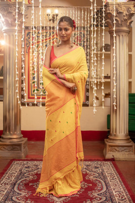 Very Much Indian Embroidered Handloom Cotton Blend Saree(Yellow)