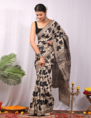 Taavi Printed Daily Wear Pure Cotton Saree(Black, Beige)