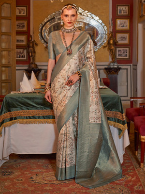 Tasrika Woven Kanjivaram Silk Blend Saree(Beige)