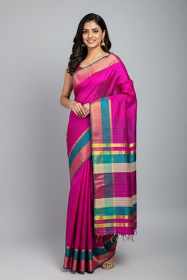 Fabloom Woven, Self Design Bhagalpuri Tussar Silk Saree(Magenta, Gold, Multicolor)