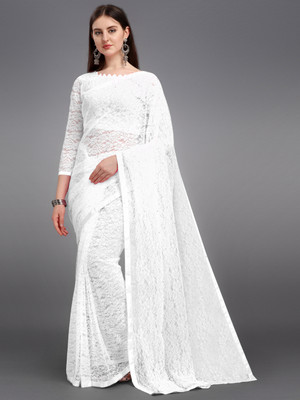 LOROFY Self Design Bollywood Net Saree(White)