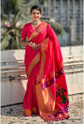 Femili Creation Embellished Paithani Art Silk Saree(Pink)