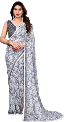AMBUJAINTERNATIONAL Printed Bollywood Georgette Saree(Grey, White)