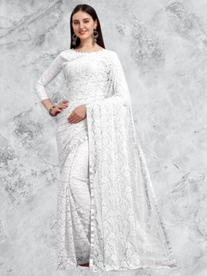 NORAFLEX Embroidered Bollywood Net Saree(White)