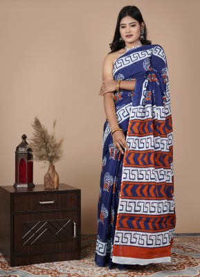 NaiNath Fab Printed Daily Wear Cotton Blend Saree(Dark Blue)