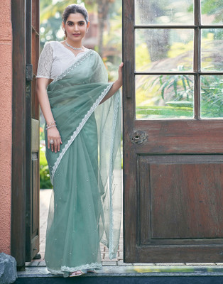 Samah Embellished Bollywood Net Saree(Blue)