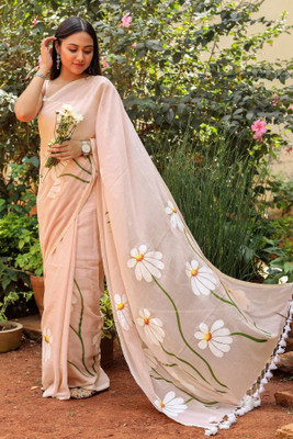 GLOWMOROUS Floral Print Handloom Pure Cotton Saree(Cream)