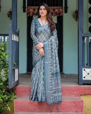 DHAYNAAND REEWA FASHION Geometric Print, Floral Print, Digital Print Kanjivaram Linen Saree(Dark Blue, Multicolor)