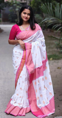 ANU INDIAN FASHION Woven Handloom Cotton Silk Saree(White, Red)