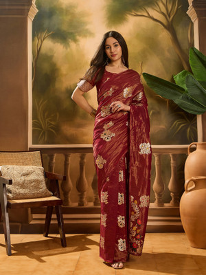 Sangria Self Design Saree with Attached Blouse Silk Blend Saree(Red)