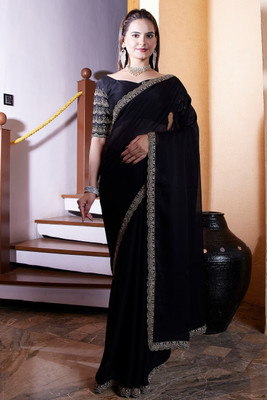 K 5 FASHION Embroidered Bollywood Chiffon Saree(Black)