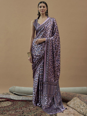 ANOUK Printed Hand Batik Crepe Saree(Purple)