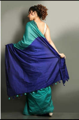 Apu handloom saree Solid/Plain Handloom Handloom Cotton Blend Saree(Blue, Green)