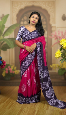 PriorityPoint Printed Hand Batik Pure Cotton Saree(Pink, Blue)